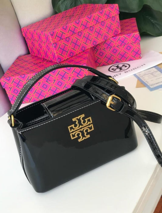 Tory Burch-Inspired Black Shiny Luxury Handbag